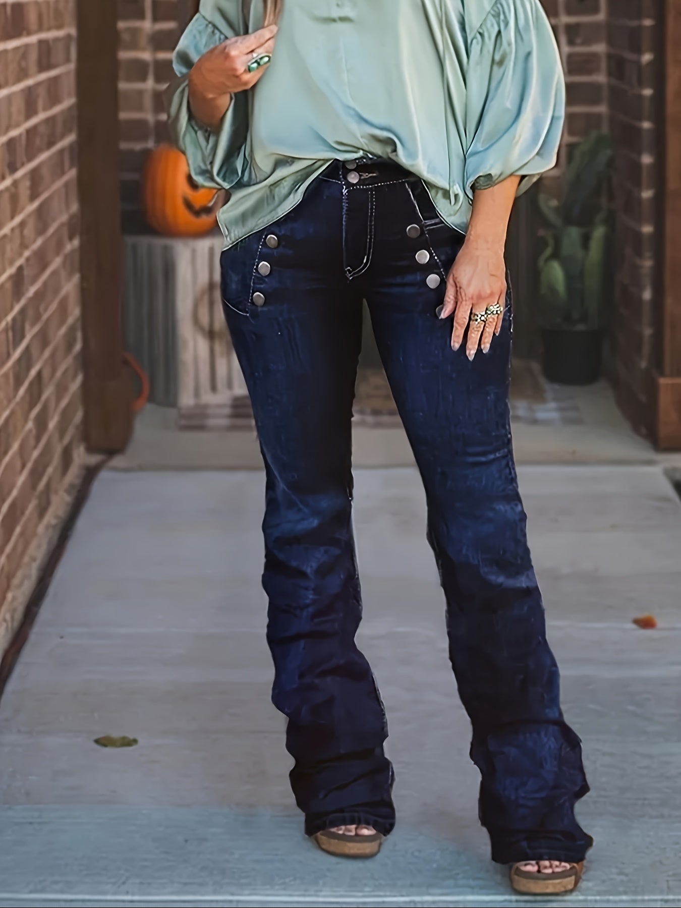 Women's High-Waist Flare Jeans - Dark Blue Button Detail Stretch detail view