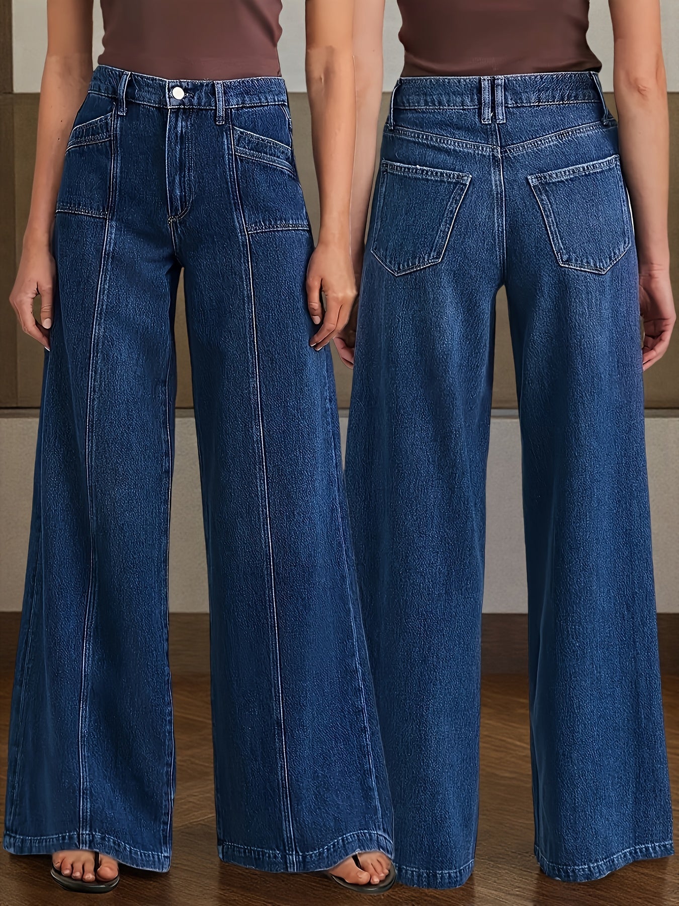 Women's High-Waist Flare Jeans - Dark Blue Button Detail Stretch Streetwear – Blue option – main product image