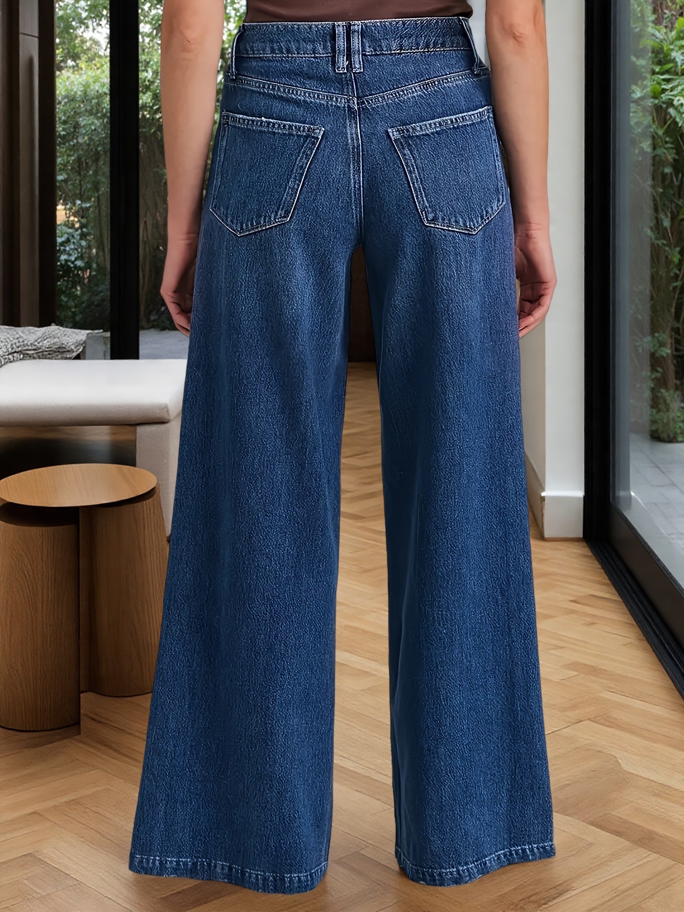 Women's High-Waist Flare Jeans - Dark Blue Button Detail Stretch Streetwear detail view