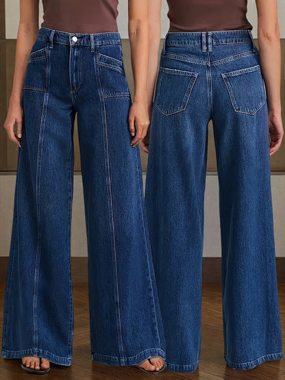 Women's High-Waist Flare Jeans - Dark Blue Button Detail Stretch Streetwear detail view