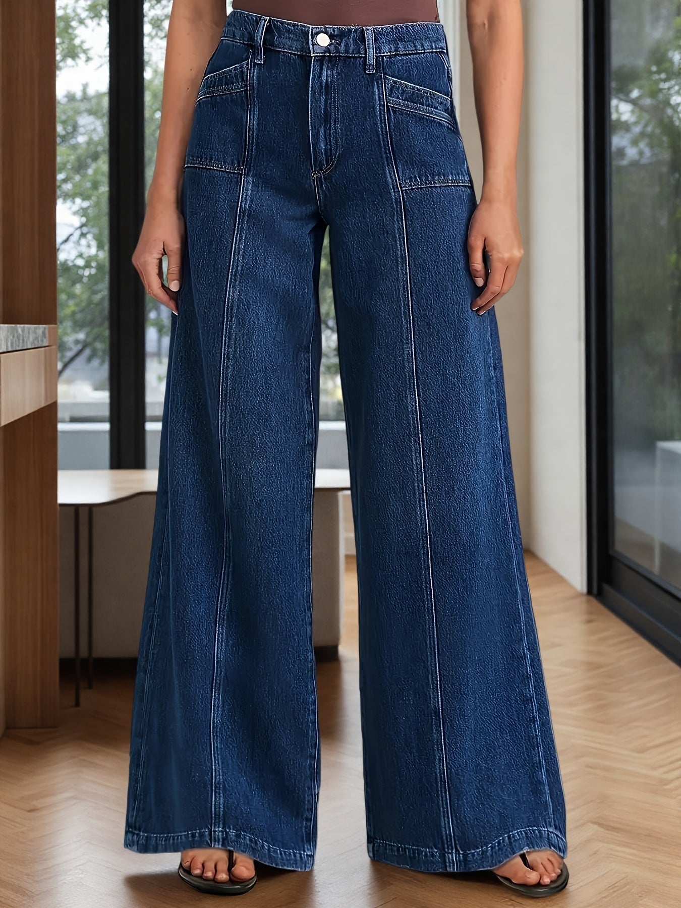 Women's High-Waist Flare Jeans - Dark Blue Button Detail Stretch Streetwear detail view