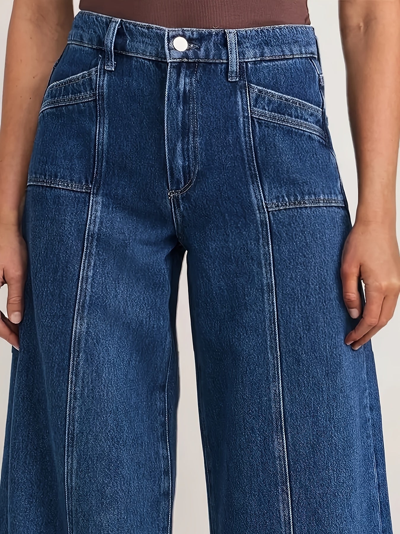 Women's High-Waist Flare Jeans - Dark Blue Button Detail Stretch Streetwear detail view