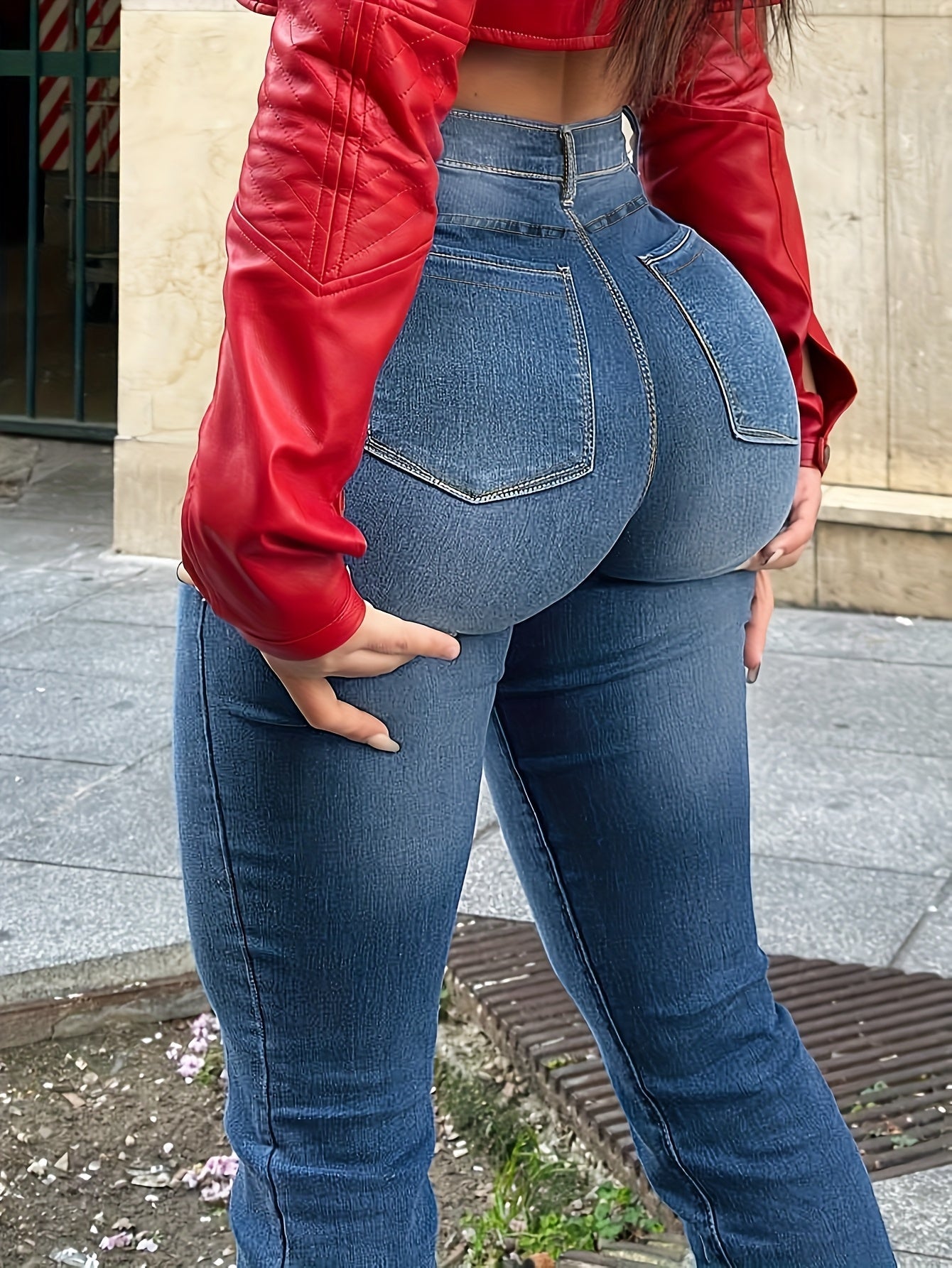 Women's High-Waist Flare Jeans - Dark Blue Distressed Stretch detail view