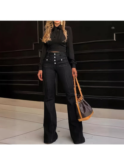 Women's High-Waist Flare Jeans - Dark Blue Pocket Detail detail view