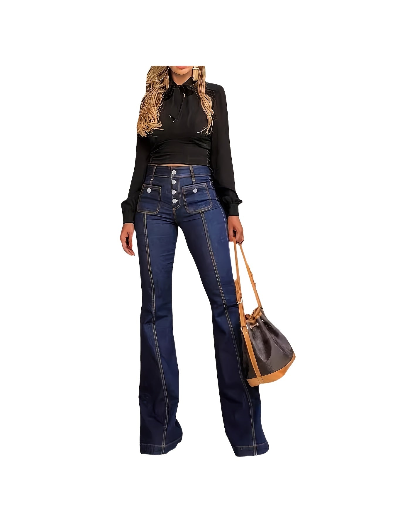 Women's High-Waist Flare Jeans - Dark Blue Pocket Detail detail view