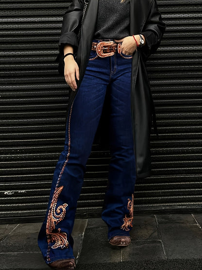 Women's High-Waist Flare Jeans - Deep Blue Embroidered detail view