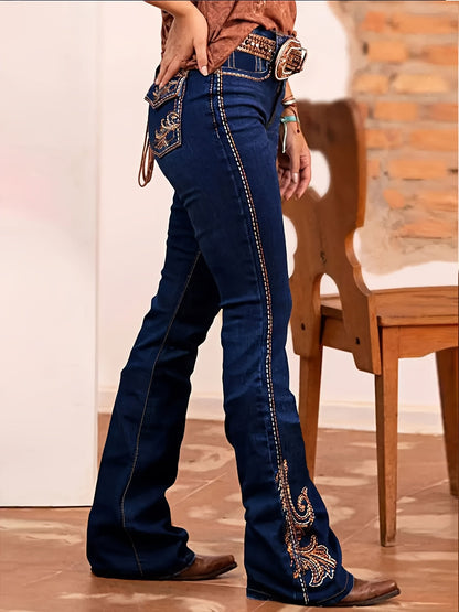Women's High-Waist Flare Jeans - Deep Blue Embroidered detail view