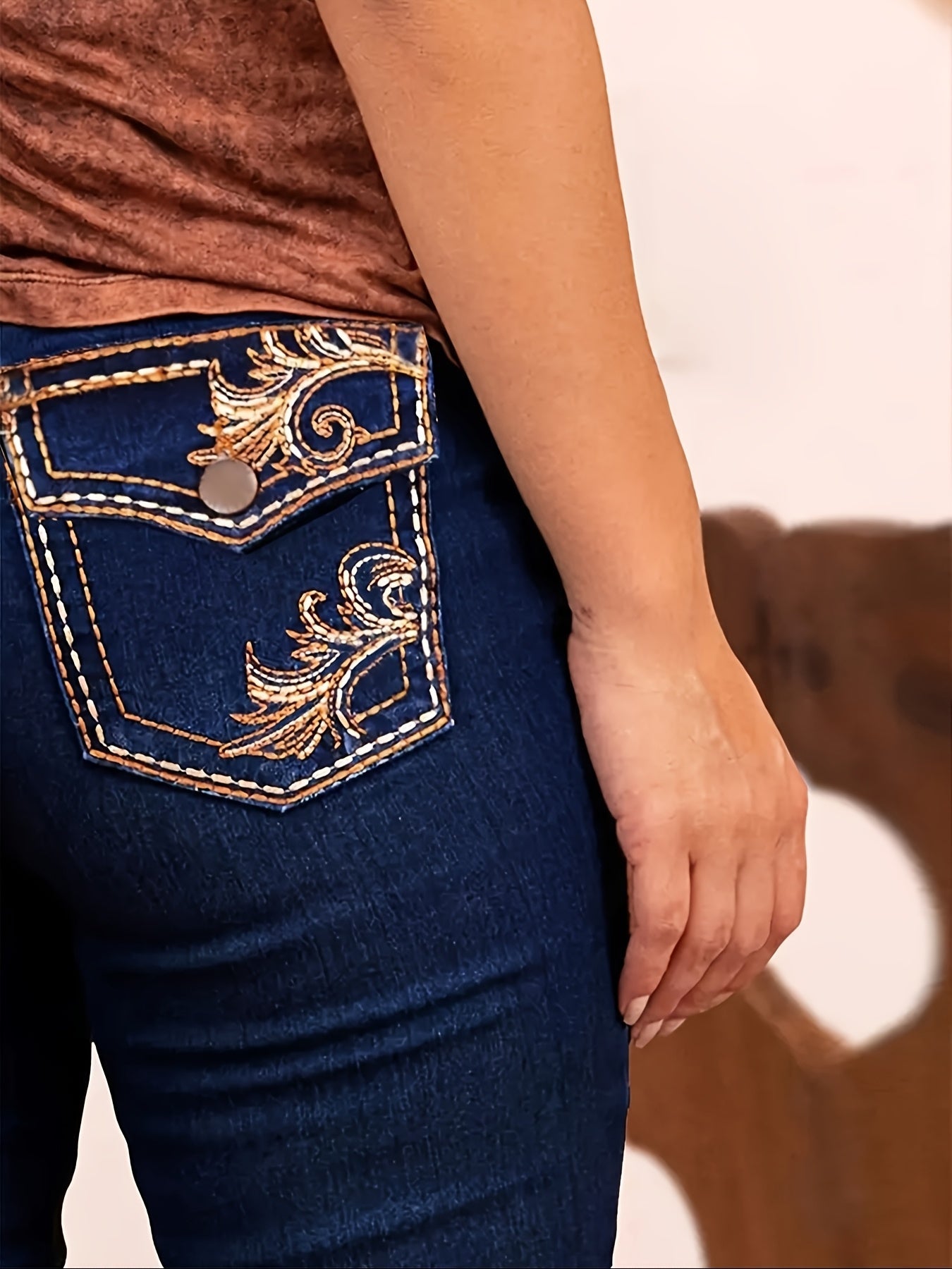 Women's High-Waist Flare Jeans - Deep Blue Embroidered detail view