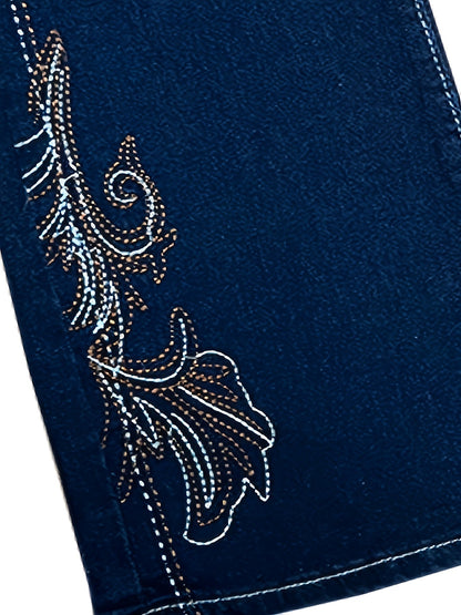 Women's High-Waist Flare Jeans - Deep Blue Embroidered detail view