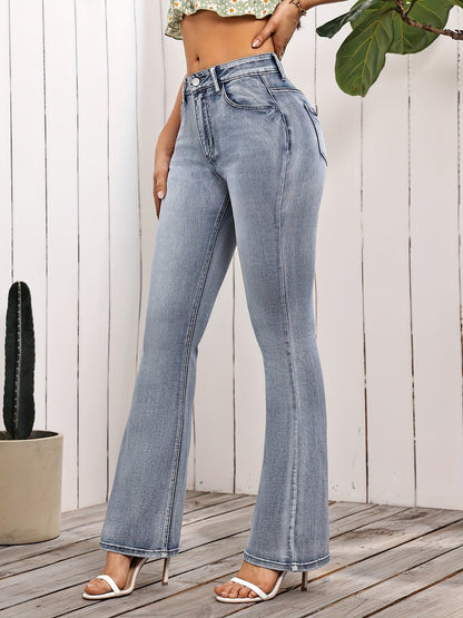 Women's High-Waist Flare Jeans - Light Blue Light Wash Embroidered detail view