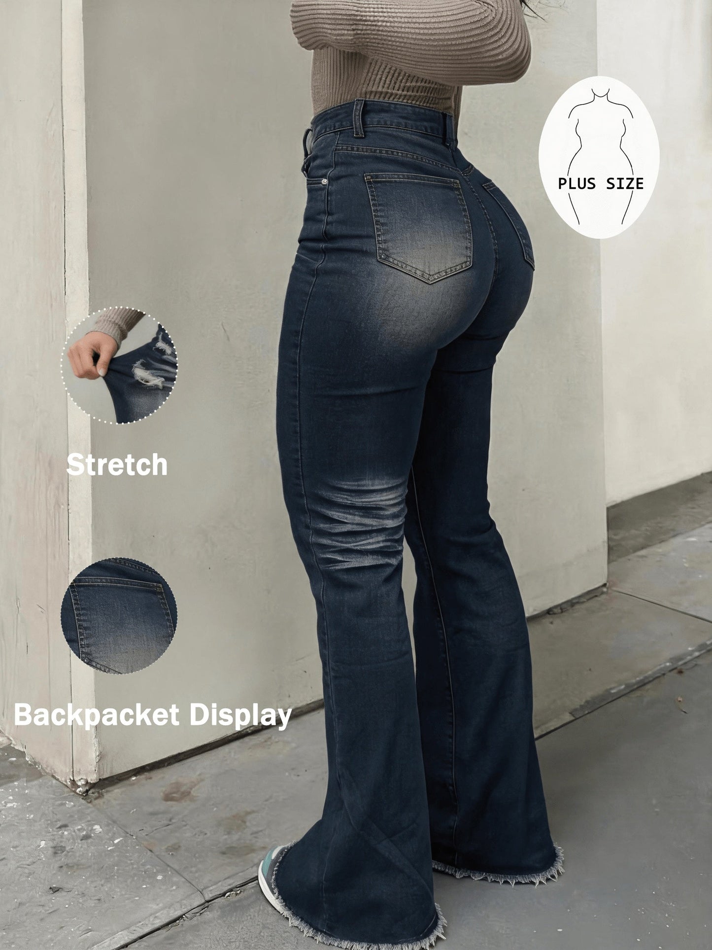 Women's High-Waist Flare Jeans - Medium Blue Dark Wash Distressed detail view