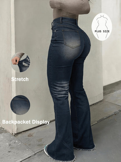 Women's High-Waist Flare Jeans - Medium Blue Dark Wash Distressed detail view