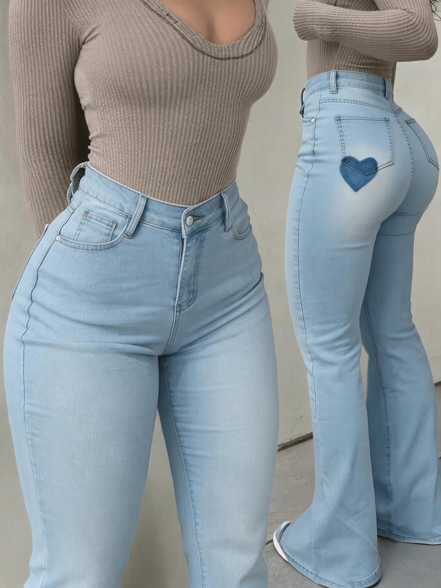 Women's High-Waist Flare Jeans - Medium Blue Dark Wash Distressed detail view