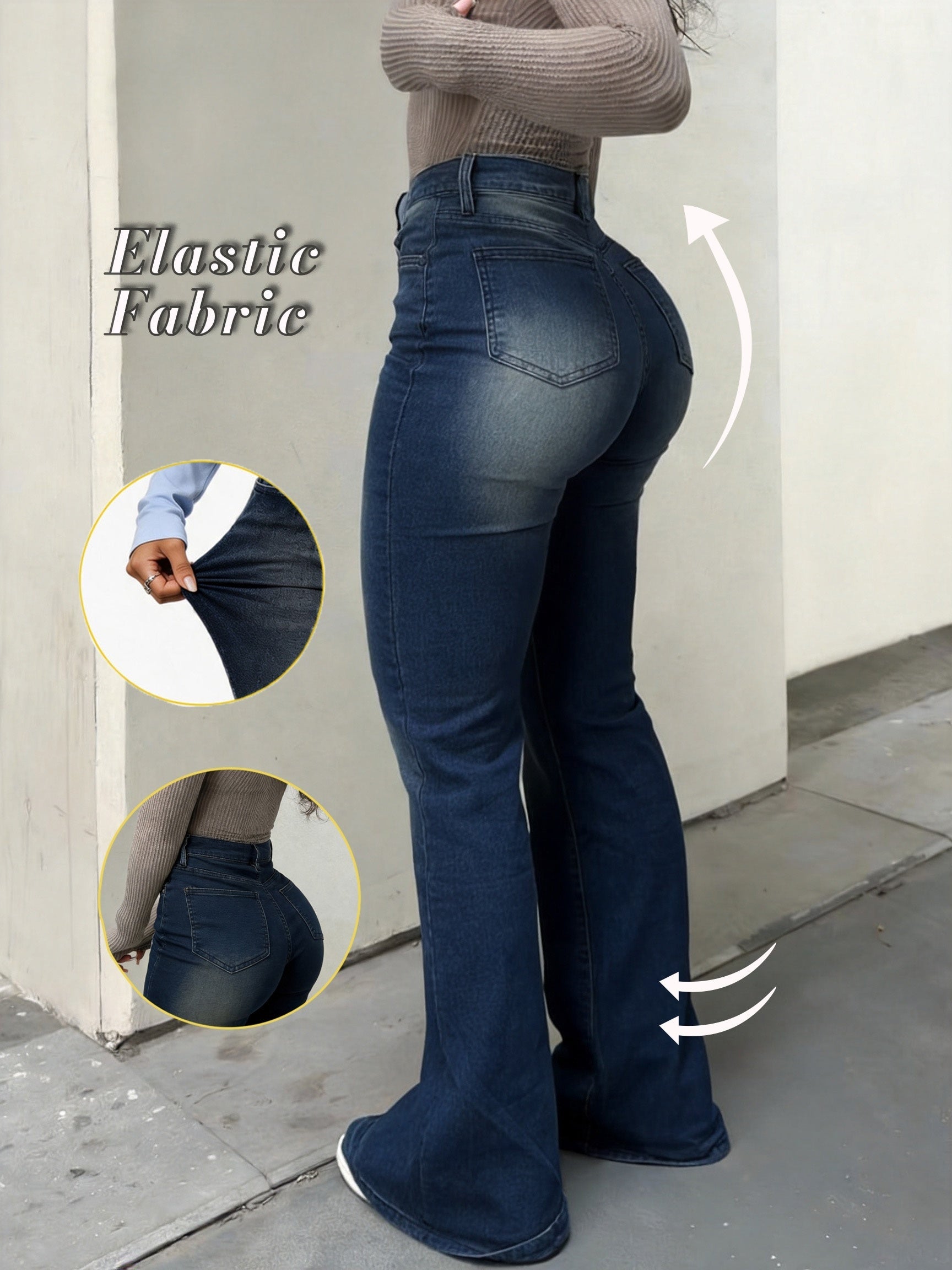 Women's High-Waist Flare Jeans - Medium Blue Dark Wash Distressed detail view