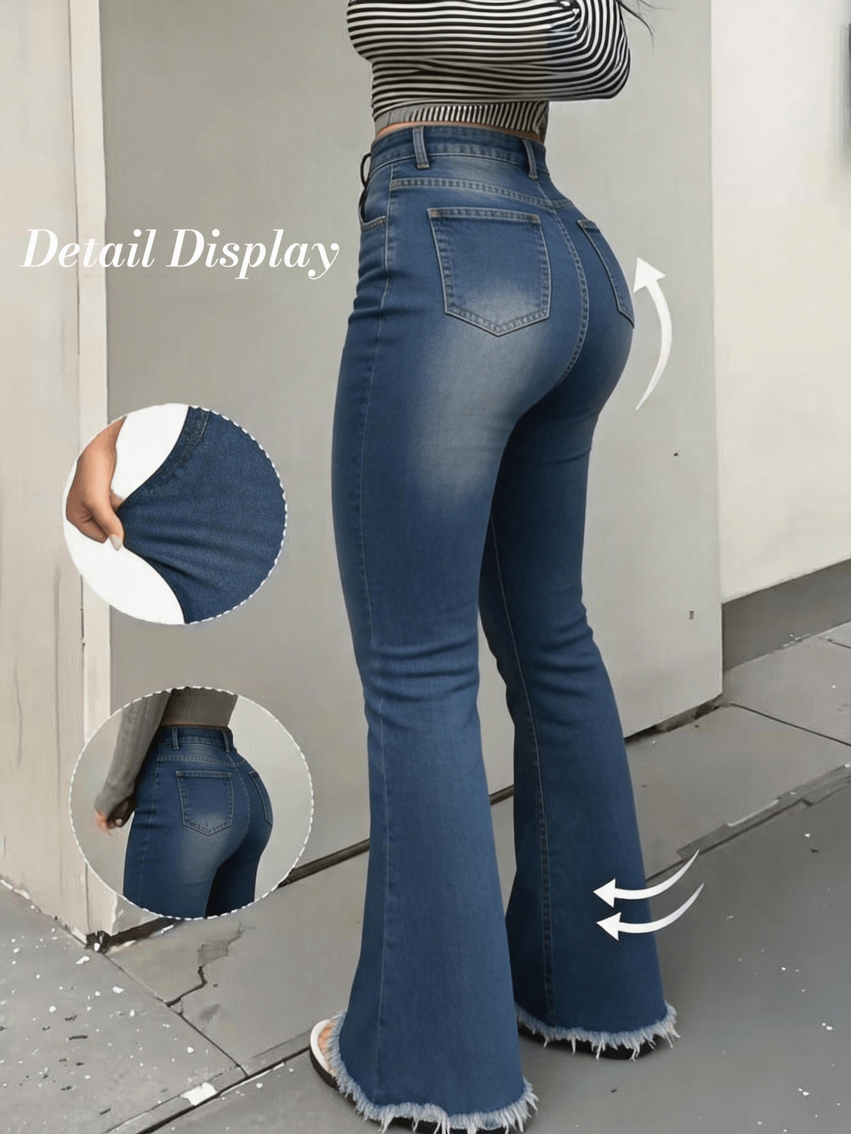 Women's High-Waist Flare Jeans - Medium Blue Dark Wash Distressed detail view