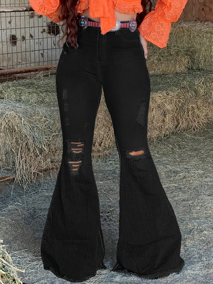 Women's High-Waist Flare Jeans - Medium Blue Distressed Stretch detail view