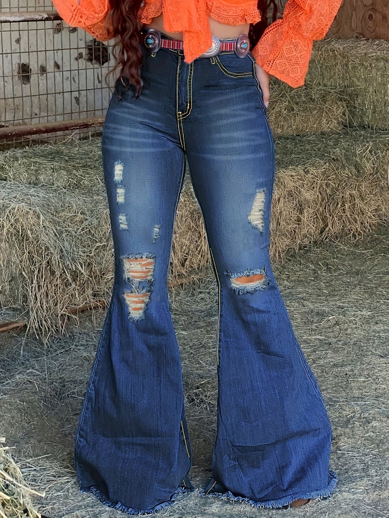 Women's High-Waist Flare Jeans - Medium Blue Distressed Stretch detail view