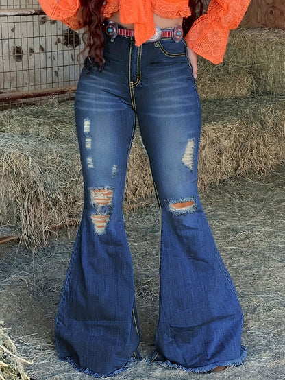 Women's High-Waist Flare Jeans - Medium Blue Distressed Stretch detail view