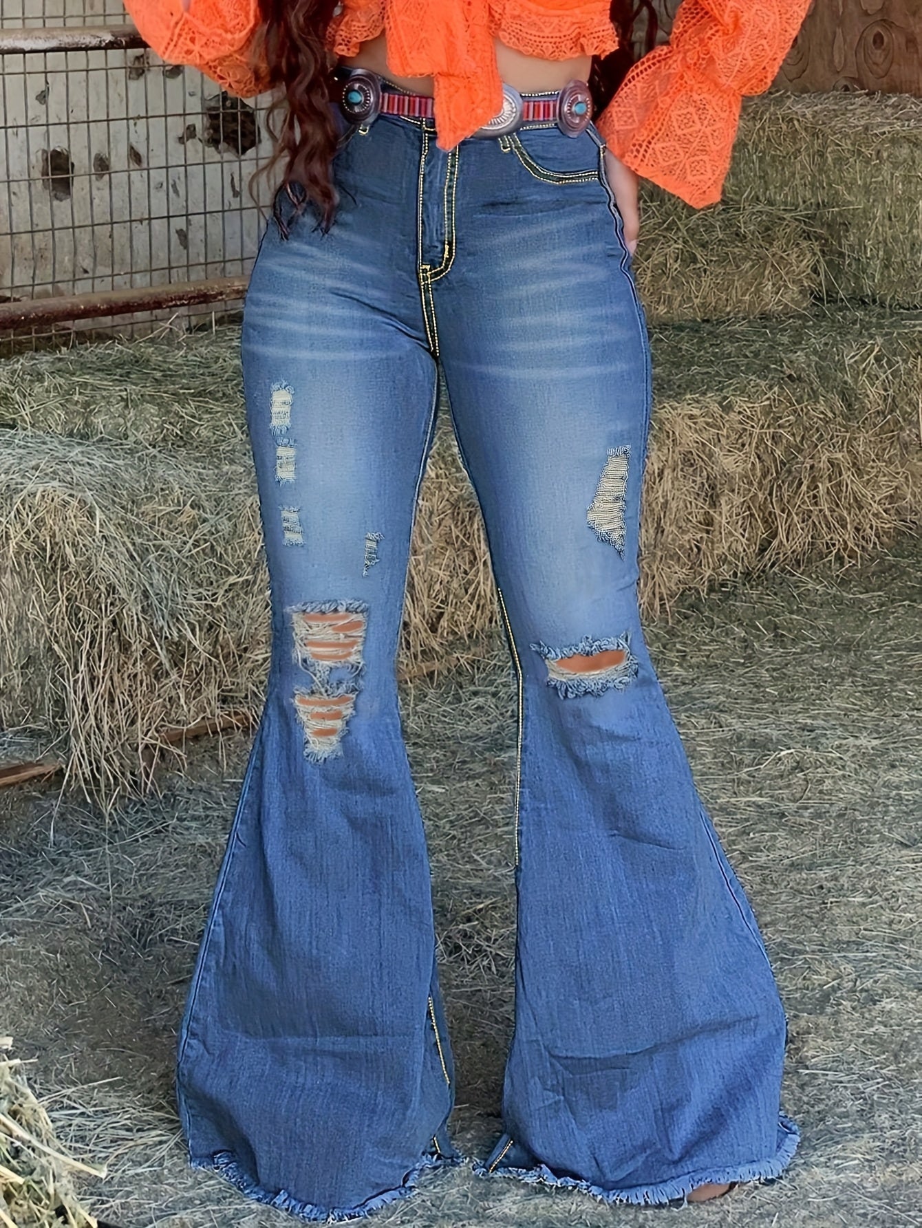 Women's High-Waist Flare Jeans - Medium Blue Distressed Stretch detail view