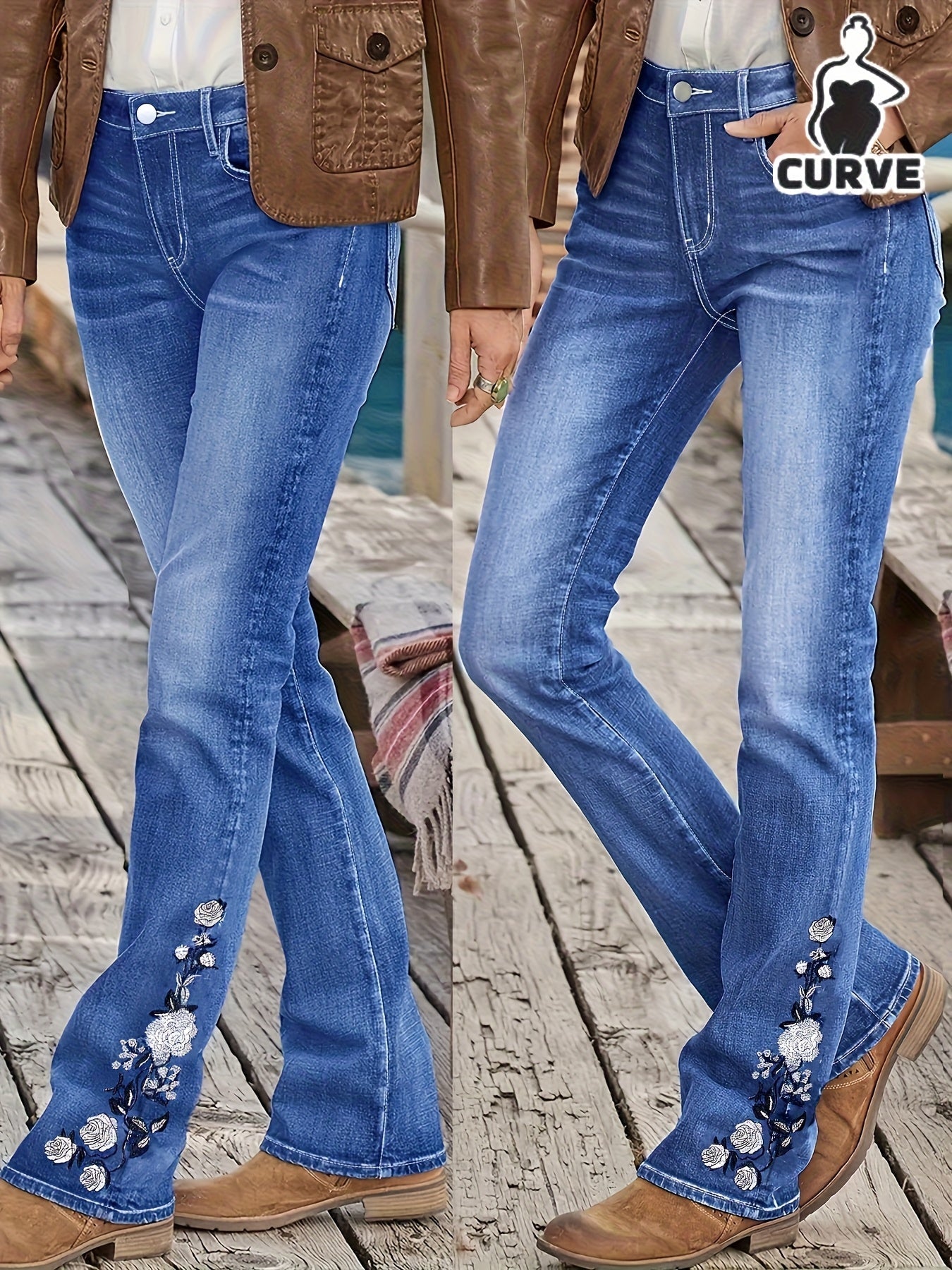 Women's High-Waist Flare Jeans - Medium Blue Embroidered detail view