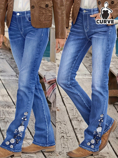 Women's High-Waist Flare Jeans - Medium Blue Embroidered detail view