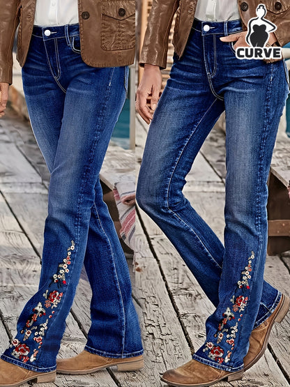 Women's High-Waist Flare Jeans - Medium Blue Embroidered detail view