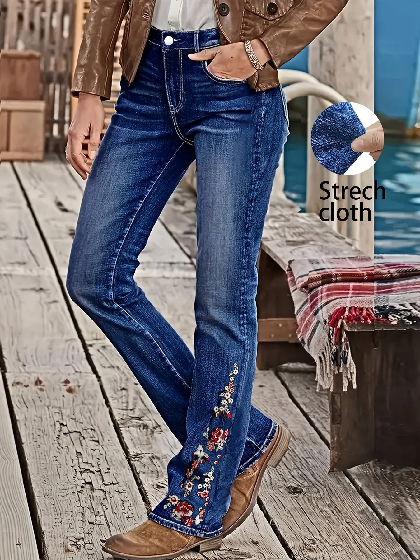 Women's High-Waist Flare Jeans - Medium Blue Embroidered detail view