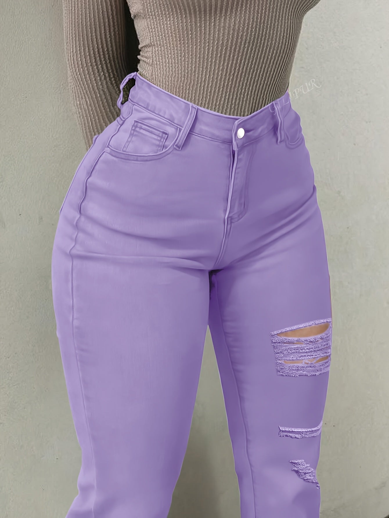 Women's High-Waist Flare Jeans - Orange Distressed Stretch detail view