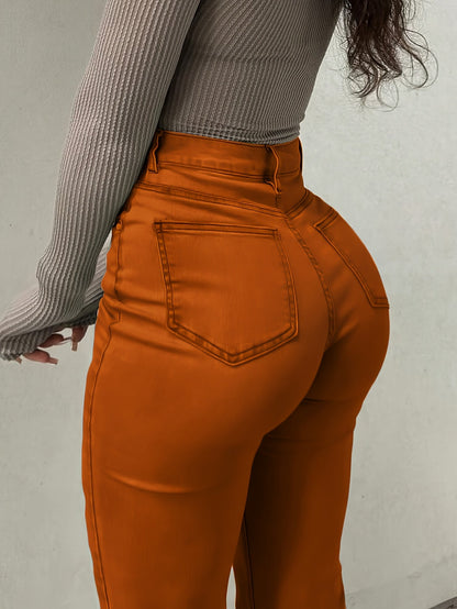 Women's High-Waist Flare Jeans - Orange Distressed Stretch detail view