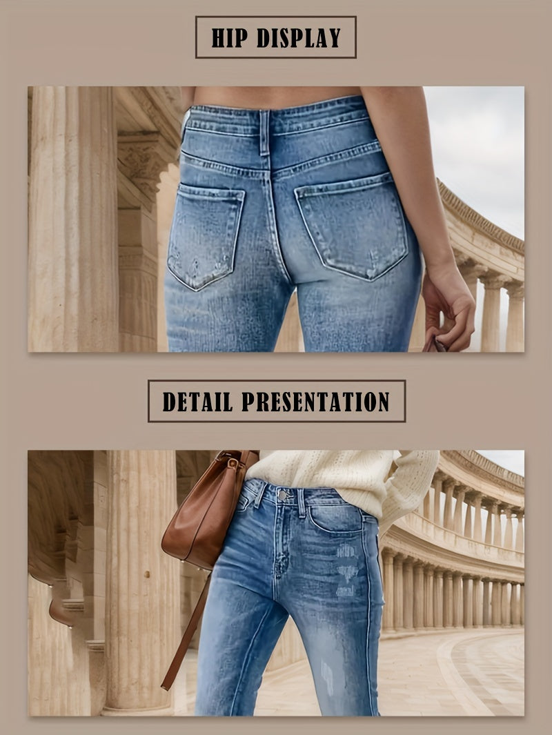 Women's High-Waist Flare Jeans - Peacock Blue Distressed Stretch detail view