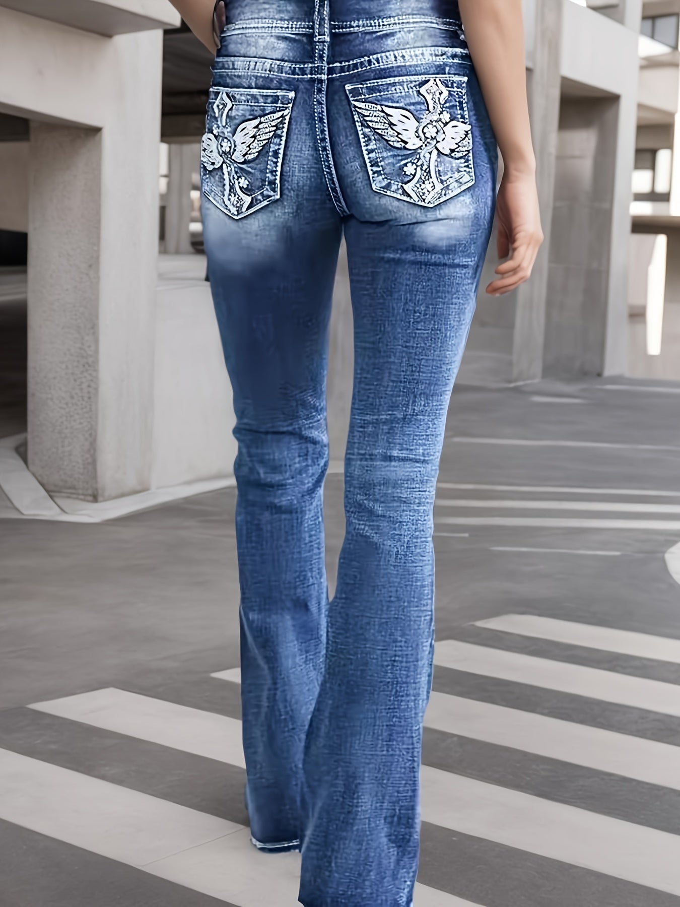 Women's High-Waist Flare Jeans - Peacock Blue Embroidered detail view