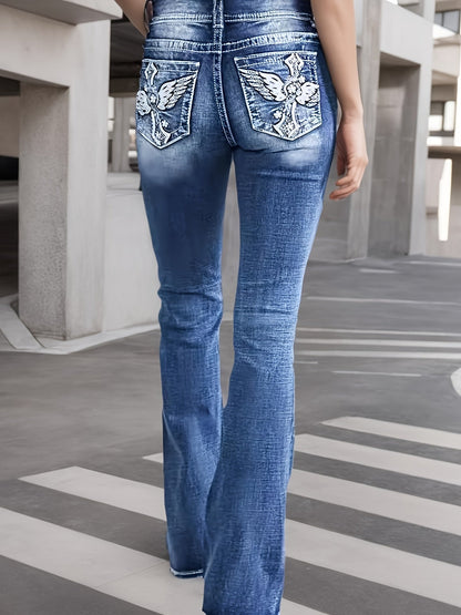 Women's High-Waist Flare Jeans - Peacock Blue Embroidered detail view