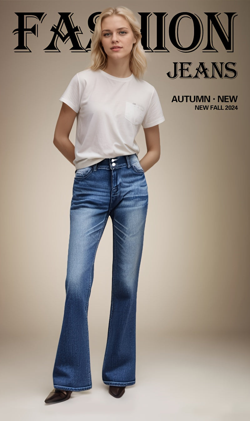 Women's High-Waist Flare Jeans - Peacock Blue Embroidered detail view