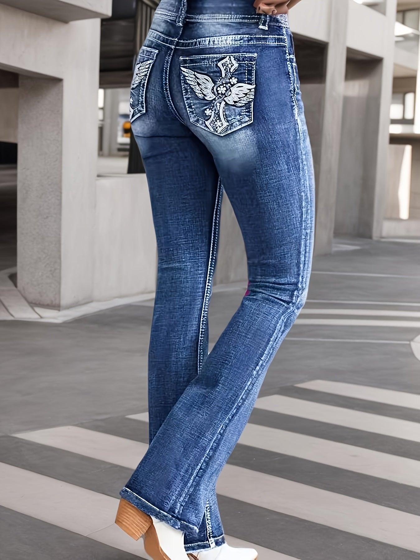 Women's High-Waist Flare Jeans - Peacock Blue Embroidered detail view