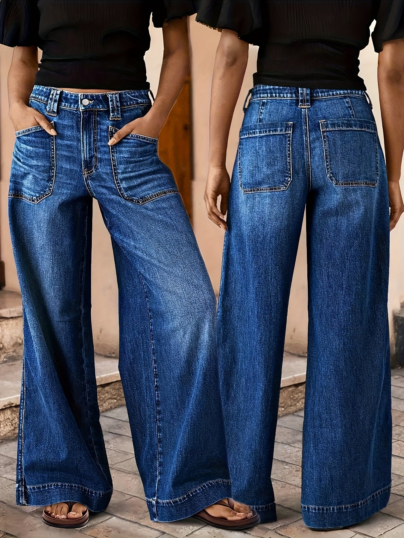 Women's High-Waist Flare Jeans - Peacock Blue Pocket Detail Stretch detail view