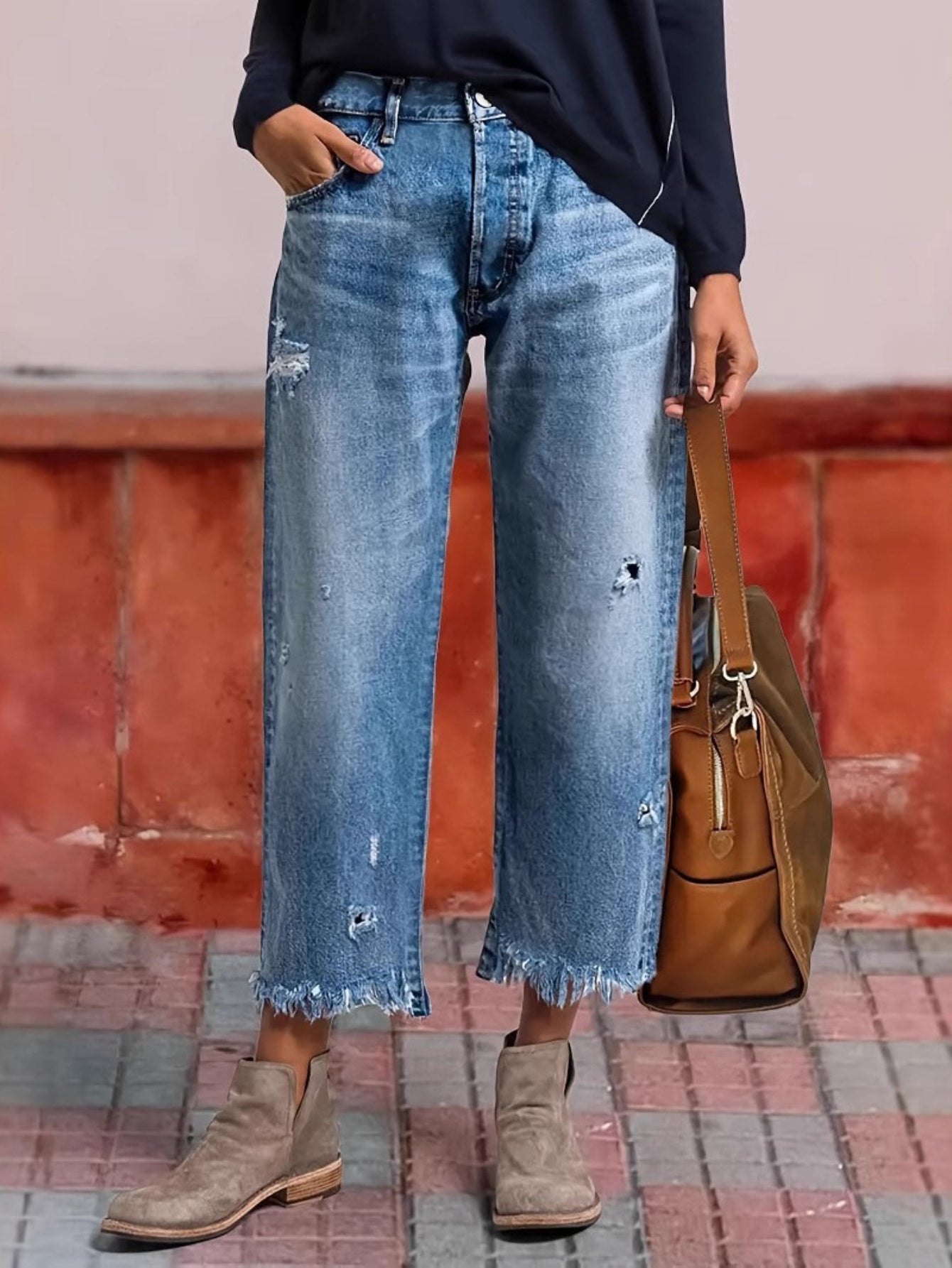 Women's High-Waist Jeans - Blue Button Detail detail view