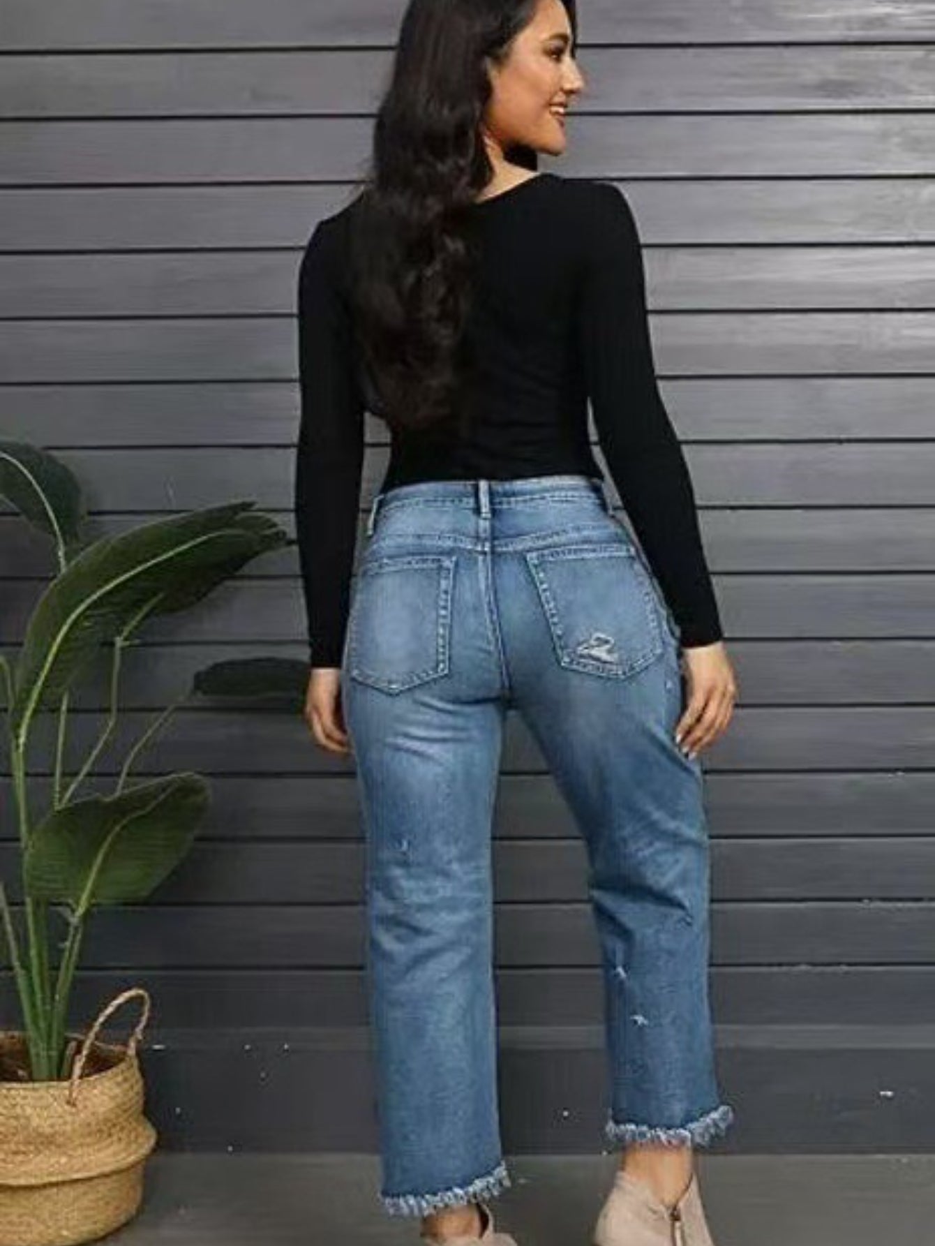 Women's High-Waist Jeans - Blue Button Detail detail view