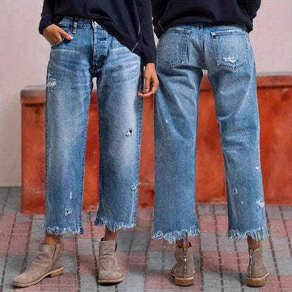Women's High-Waist Jeans - Blue Button Detail detail view