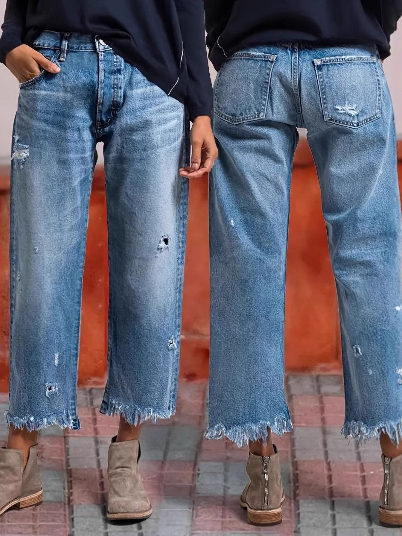 Women's High-Waist Jeans - Blue Button Detail detail view