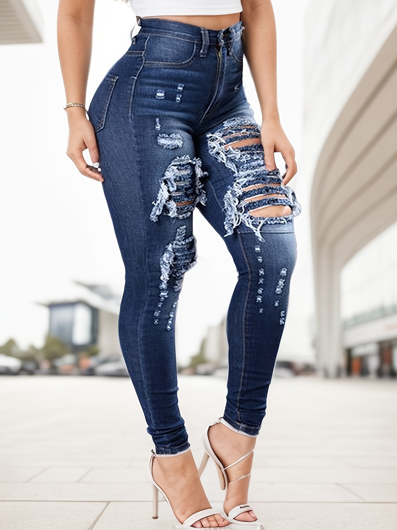 Women's High-Waist Jeans - Blue Distressed Stretch – Blue option – view 2