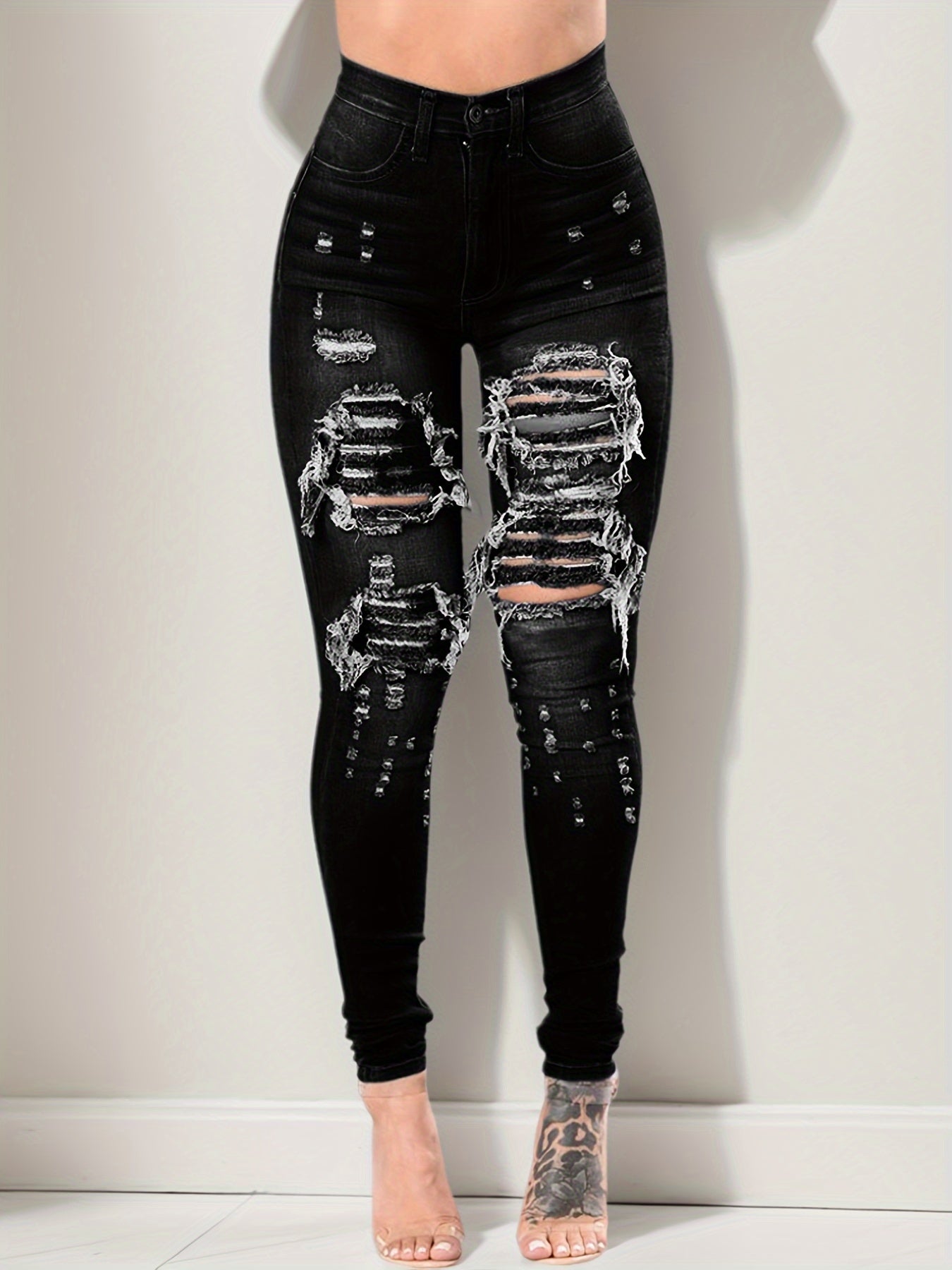 Women's High-Waist Jeans - Blue Distressed Stretch detail view