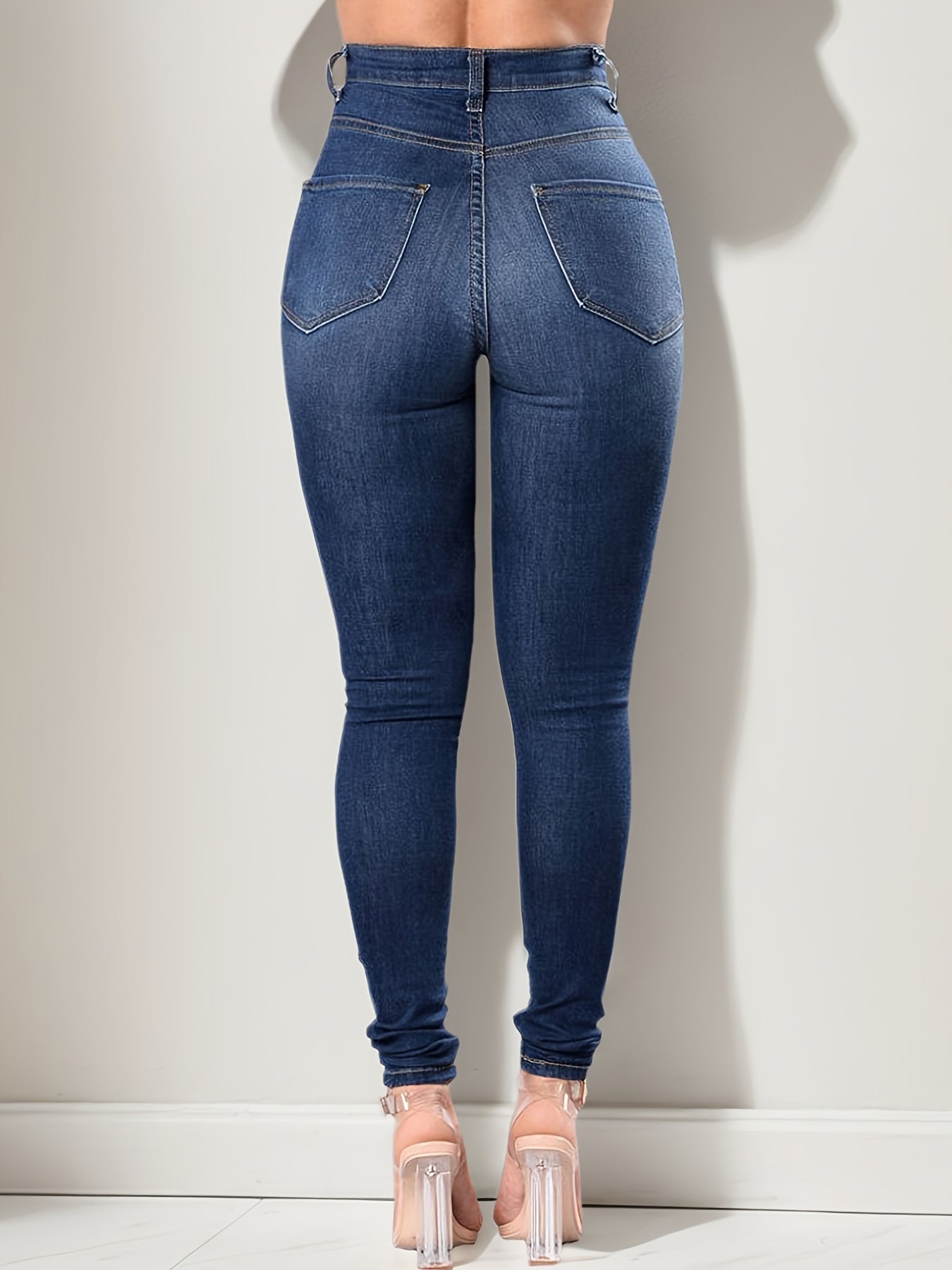 Women's High-Waist Jeans - Blue Distressed Stretch detail view