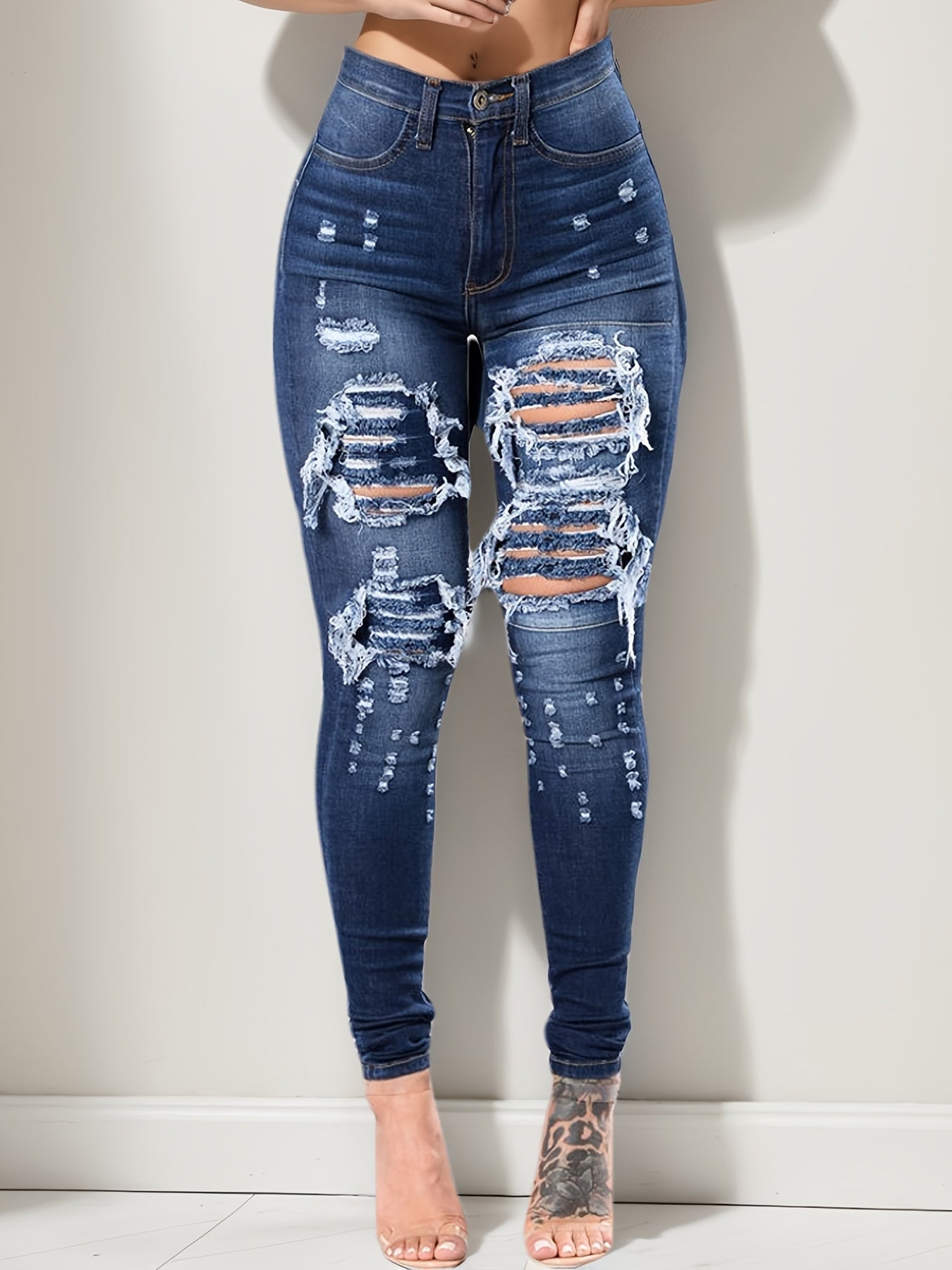 Women's High-Waist Jeans - Blue Distressed Stretch detail view