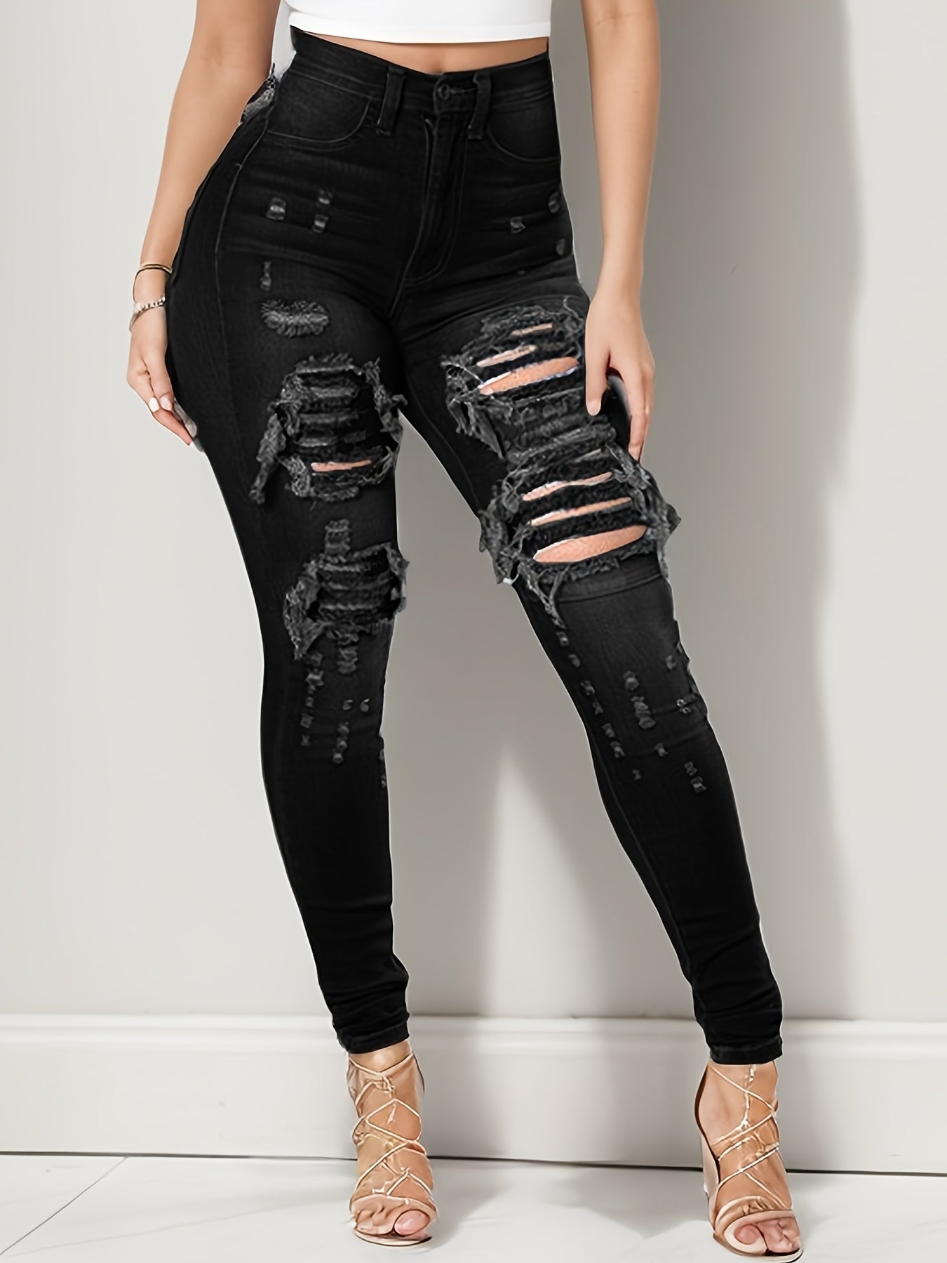 Women's High-Waist Jeans - Blue Distressed Stretch detail view