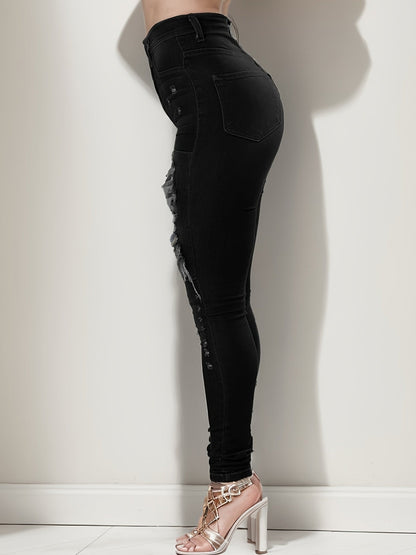 Women's High-Waist Jeans - Blue Distressed Stretch detail view