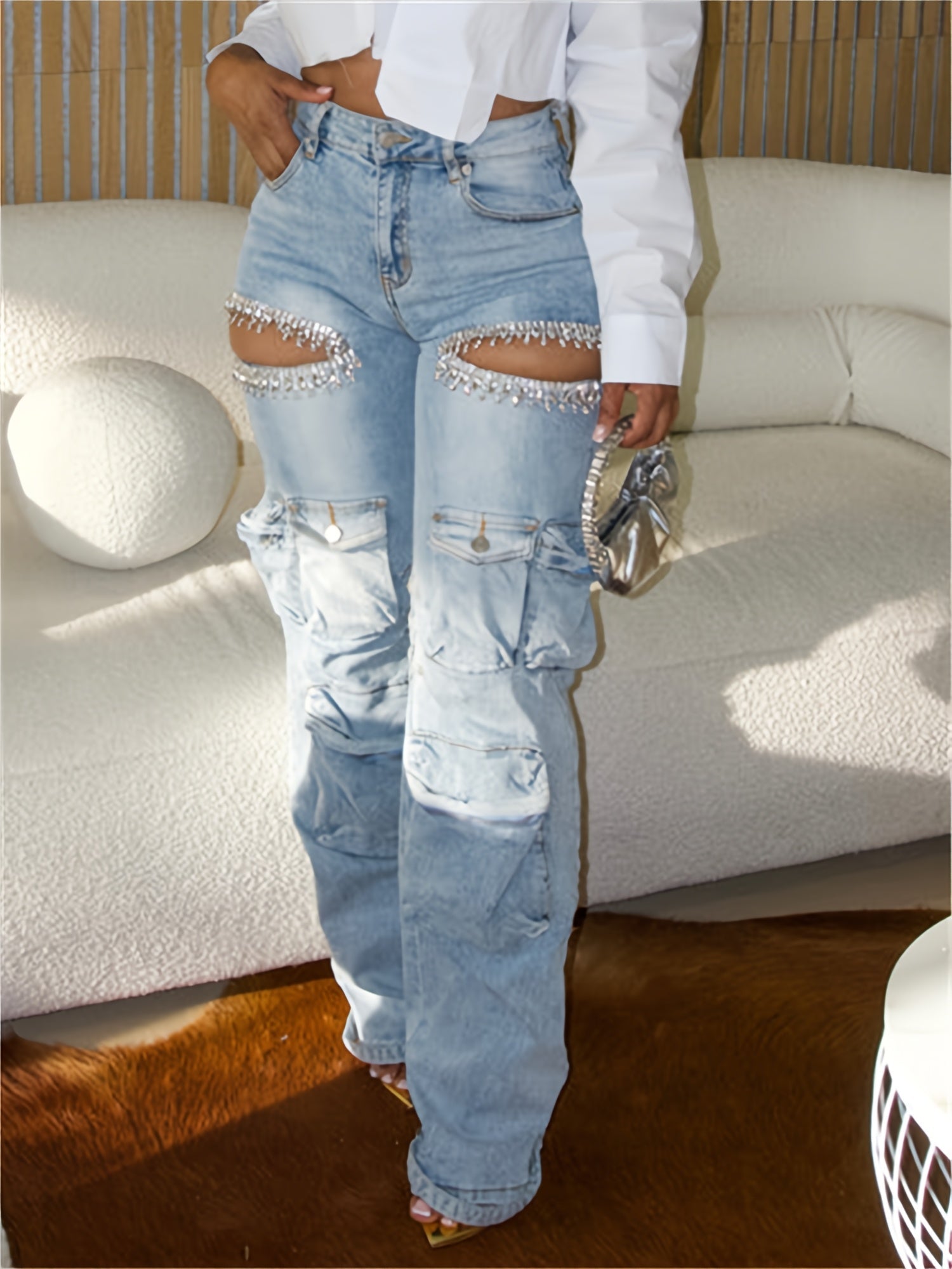 Women's High-Waist Jeans - Blue Embellished Stretch detail view