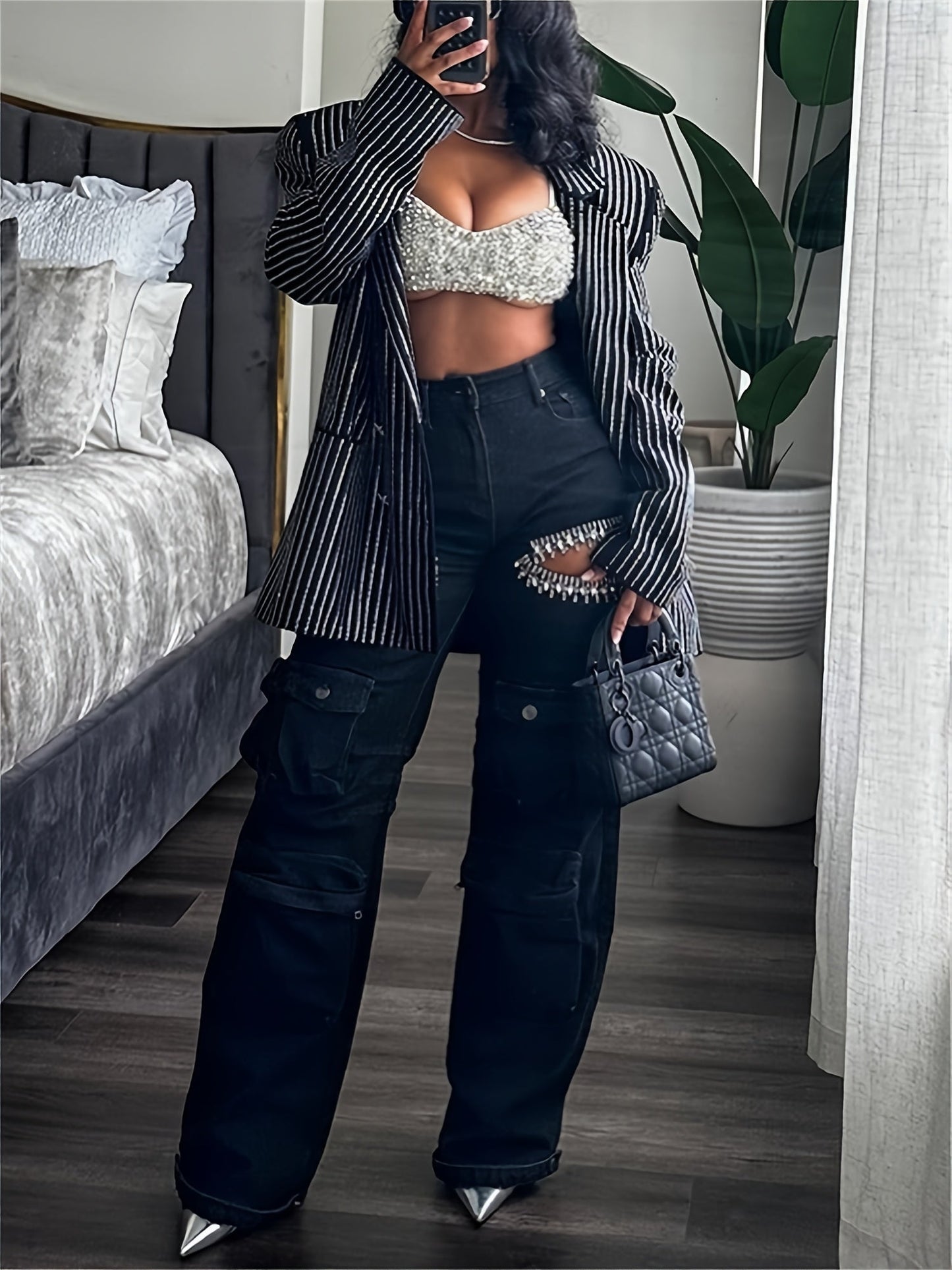 Women's High-Waist Jeans - Blue Embellished Stretch detail view