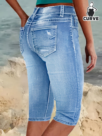 Women's High-Waist Jeans - Bright Steel Blue Distressed Stretch detail view