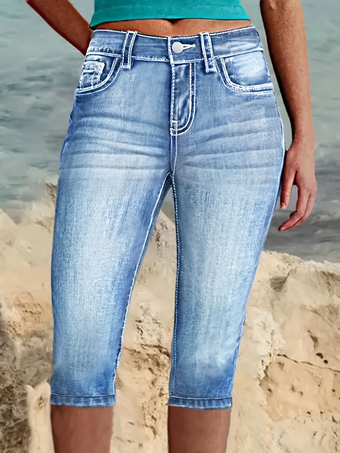 Women's High-Waist Jeans - Bright Steel Blue Distressed Stretch detail view