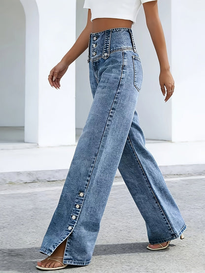 Women's High-Waist Jeans - Light Blue Button Detail detail view